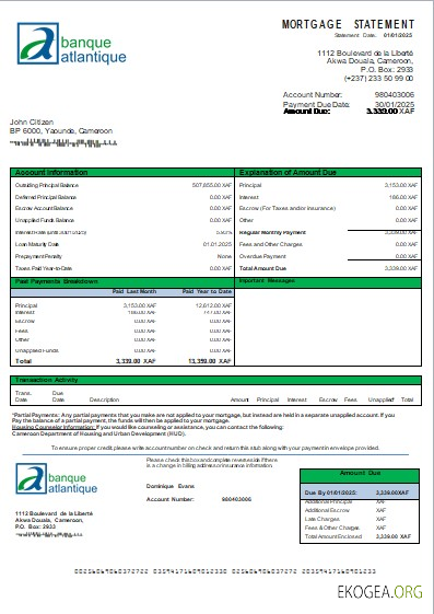 Relevé hypothécaire de la banque atlantique du Cameroun scr